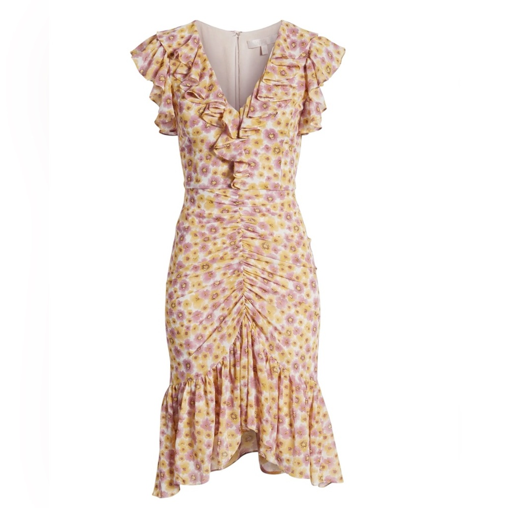 WAYF Daphne pink and yellow floral print midi ruffle dress. MED. COTTAGECORE - Picture 3 of 16